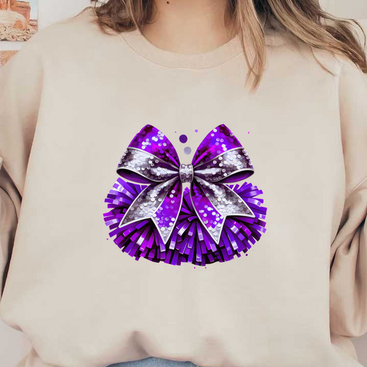 Un lazo morado vibrante con lentejuelas y detalles de flecos, perfecto para agregar un toque divertido a regalos o decoraciones. Transferencias DTF