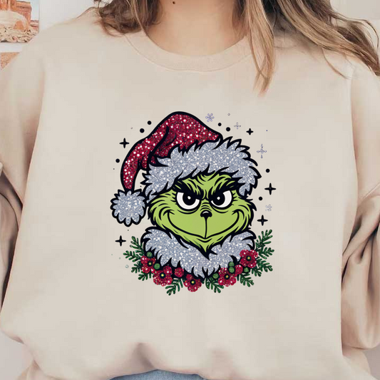 Cheerful Grinch graphic featuring a sparkly Santa hat and festive greenery, perfect for spreading holiday spirit!DTF Transfers dtf transfers