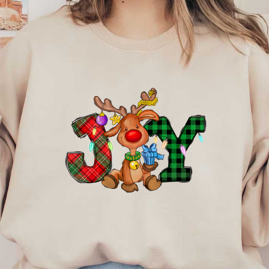 A cheerful reindeer adorned with festive decorations and holding a gift, surrounded by colorful letters spelling "JOY."DTF Transfers heat press transfers dtf prints