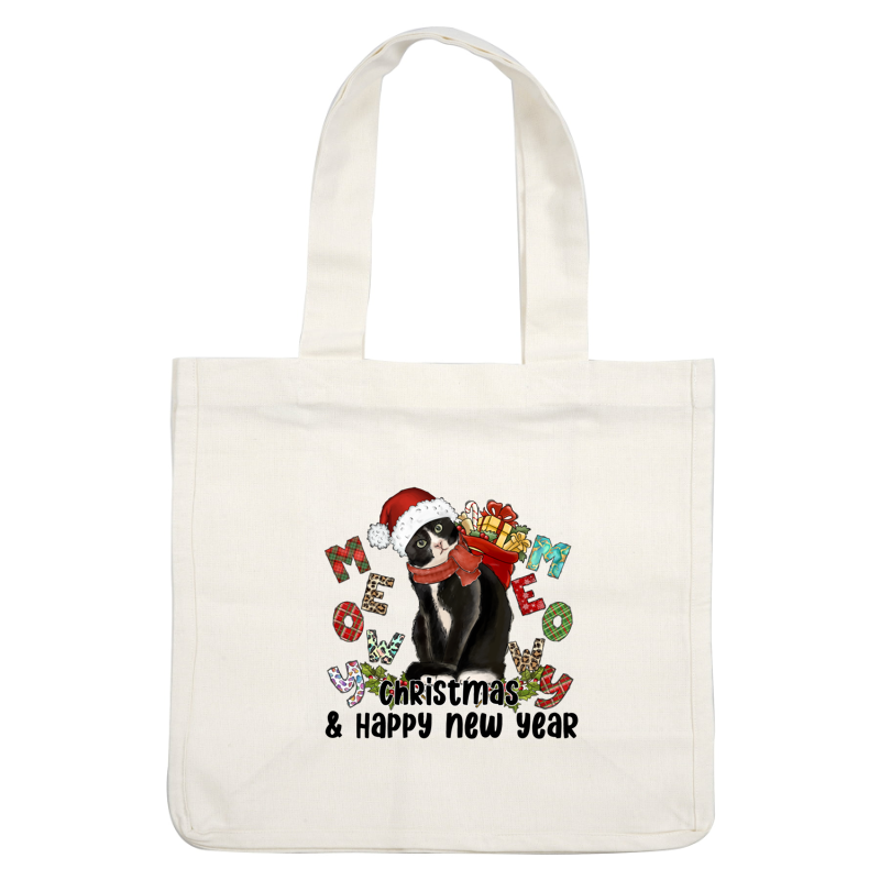 A festive black and white cat in a Santa hat with a scarf surrounded by colorful letters and holiday gifts.DTF Transfers dtf prints