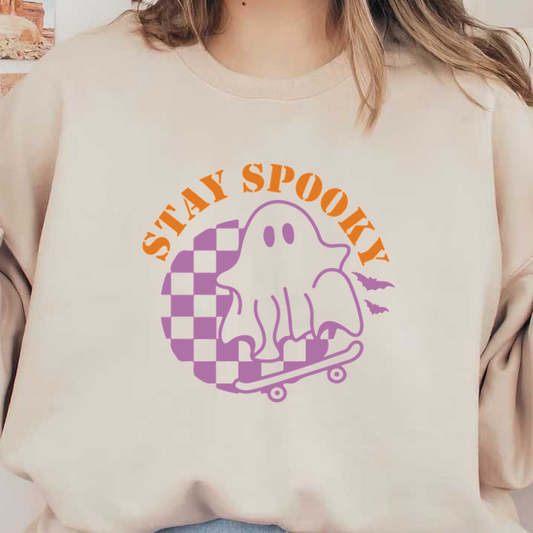 A playful graphic featuring a ghost on a skateboard, with the phrase "Stay Spooky" in vibrant orange and purple tones. dtf transfers