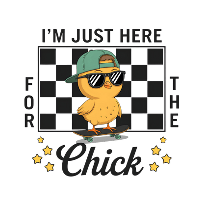This playful illustration features a cool chick on a skateboard, sporting sunglasses and a hat, with a fun checkered background.DTF Transfers