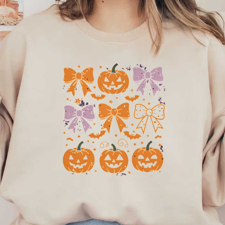 Un patrón festivo de Halloween con divertidas calabazas y encantadores lazos en vibrantes tonos naranja y morado, adornados con murciélagos y estrellas.