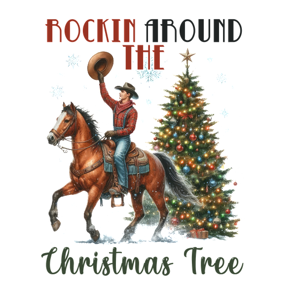 A festive cowboy joyfully rides a horse while celebrating Christmas around a beautifully decorated tree. dtf prints