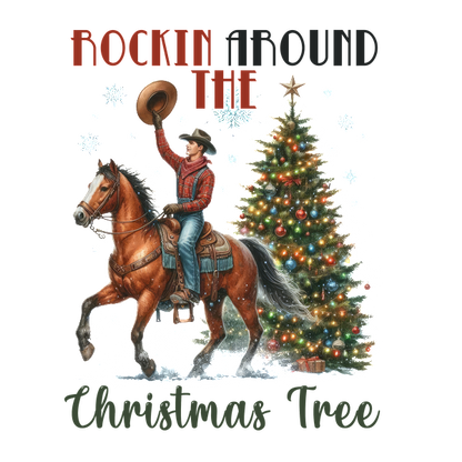 A festive cowboy joyfully rides a horse while celebrating Christmas around a beautifully decorated tree. dtf prints