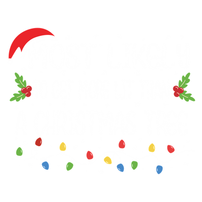 A fun and festive graphic featuring the phrase "Most Likely to Get More Lit Than a Christmas Tree," adorned with holiday motifs like a Santa hat and colorful lights.DTF Transfers dtf prints