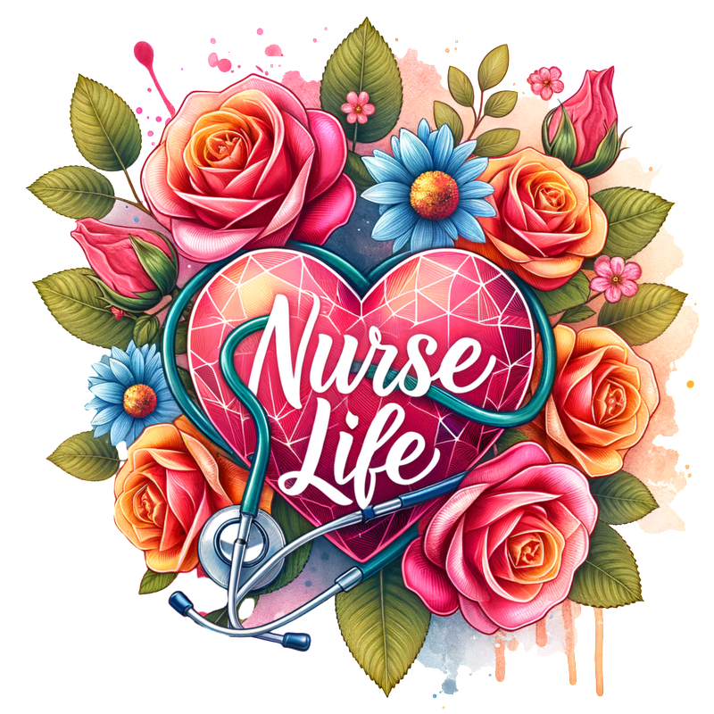 A vibrant design featuring a heart, stethoscope, and colorful roses, celebrating the essence of "Nurse Life."DTF Transfers