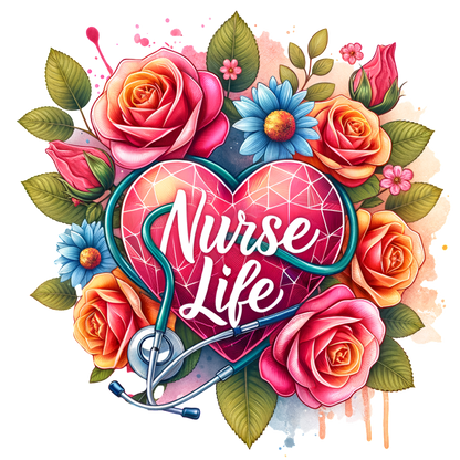 A vibrant design featuring a heart, stethoscope, and colorful roses, celebrating the essence of "Nurse Life."DTF Transfers