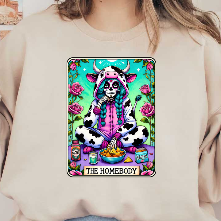 A vibrant illustration of a girl in a cow onesie, enjoying nachos and surrounded by roses, embodying the cozy spirit of a homebody. heat press transfers