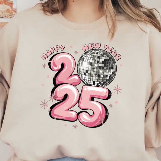 Celebrate the New Year 2025 with vibrant pink lettering and a sparkling disco ball, perfect for festive decorations!DTF Transfers