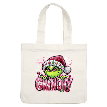 This vibrant design features the Grinch in a festive Santa hat, embellished with sparkling jewels and the playful text "GRINCHY."DTF Transfers