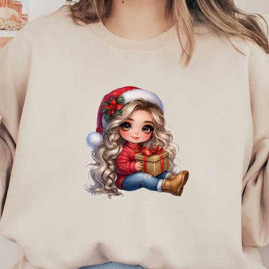 A cheerful girl with long, wavy hair and a Santa hat holds a beautifully wrapped gift, ready for the holidays.DTF Transfers heat press transfers