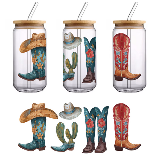 A vibrant collection of decorative cowboy boots and a stylish hat featuring floral and cactus designs, perfect for Western fashion enthusiasts.UV Transfers dtf transfers