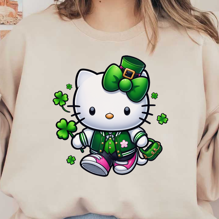 Hello Kitty is dressed in a festive green outfit with a bow, perfect for celebrating St. Patrick's Day, surrounded by clovers.DTF Transfers dtf transfers