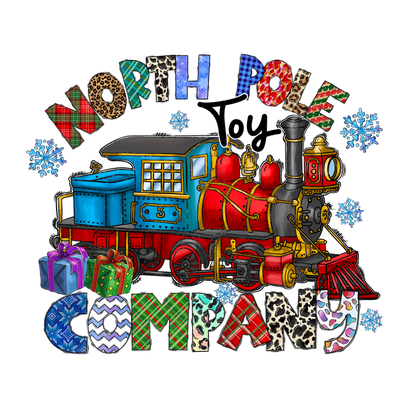 Dive into the festive spirit with this colorful illustration featuring a whimsical North Pole toy train surrounded by playful snowflakes and gifts!DTF Transfers dtf prints