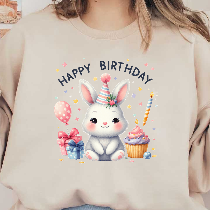 Celebrate with this adorable birthday bunny, complete with a party hat, gifts, a cupcake, and festive decorations!DTF Transfers