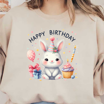 Celebrate with this adorable birthday bunny, complete with a party hat, gifts, a cupcake, and festive decorations!DTF Transfers