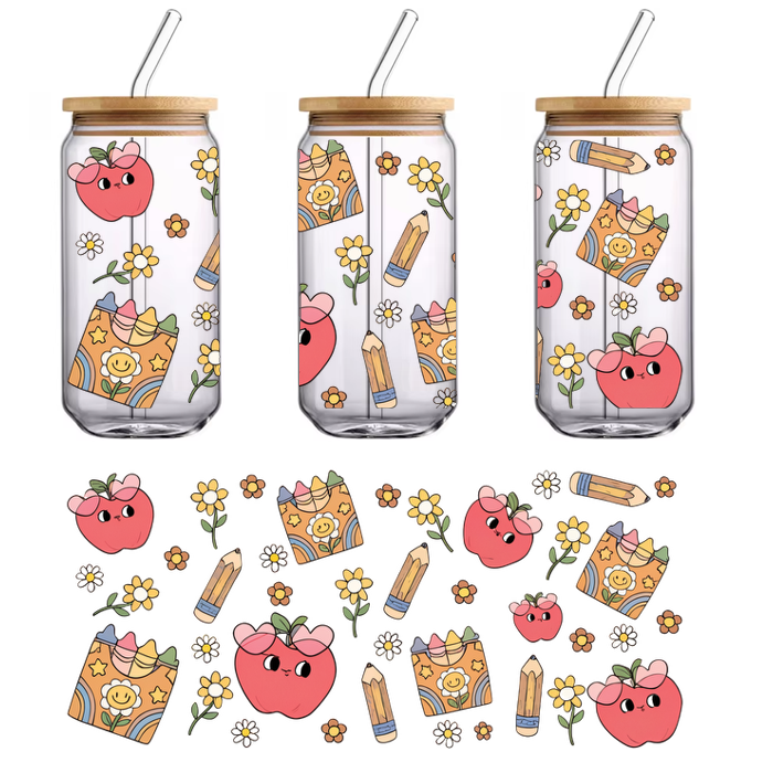 A whimsical pattern featuring adorable apples, colorful crayons, cheerful flowers, and playful smiling designs, perfect for kids' art projects.UV Transfersdtf regular iron