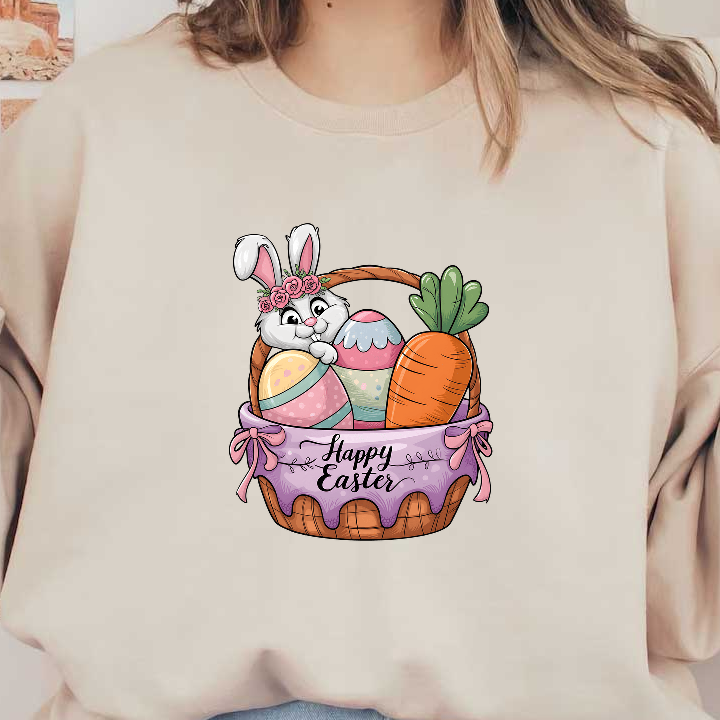 A cheerful Easter basket featuring a cute bunny, colorful eggs, and a bright carrot, adorned with a “Happy Easter” ribbon.DTF Transfers