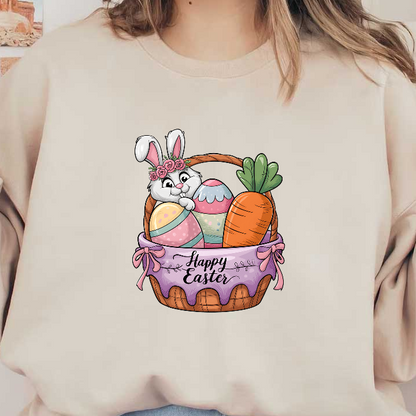 A cheerful Easter basket featuring a cute bunny, colorful eggs, and a bright carrot, adorned with a “Happy Easter” ribbon.DTF Transfers