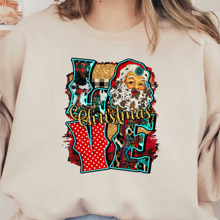 Festive design featuring a cheerful Santa and colorful letters spelling "Love Christmas" with playful patterns and textures. heat press transfers