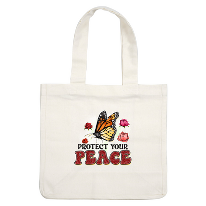 Este diseño vibrante presenta una mariposa rodeada de rosas y la frase inspiradora "Protege tu paz" en texto decorativo en negrita.