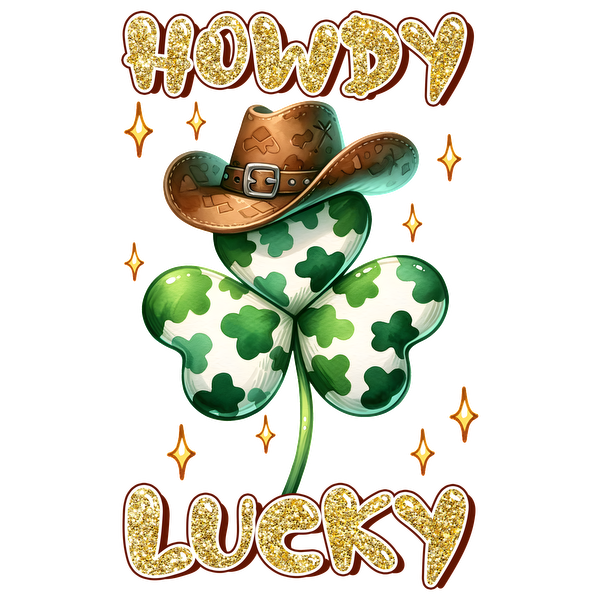 A playful design featuring a cowboy hat on a shamrock, with "Howdy Lucky" text and sparkling accents. dtf transfers