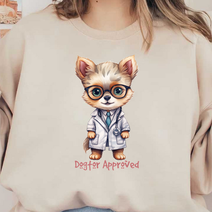 ¡Encantador perro de dibujos animados con bata de laboratorio y gafas, listo para aprobar con una divertida leyenda "Aprobado por Dogtor"!