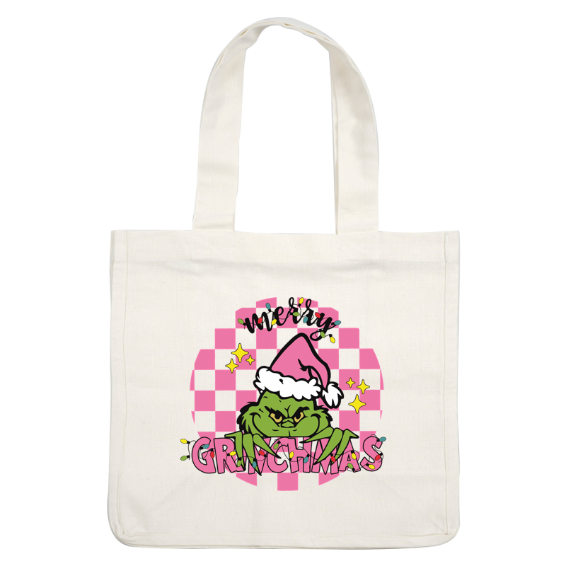 Celebrate the holiday spirit with this festive Grinch graphic featuring his playful expression and a pink checkered background.DTF Transfers heat press transfers