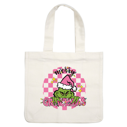 Celebrate the holiday spirit with this festive Grinch graphic featuring his playful expression and a pink checkered background.DTF Transfers heat press transfers