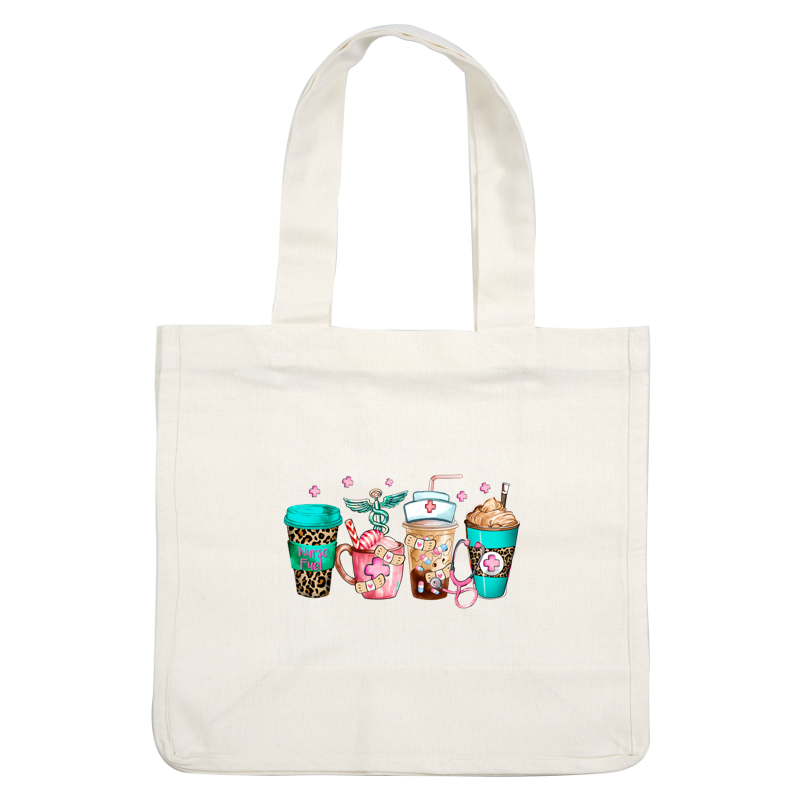 A fun collection of nurse-themed beverage cups, featuring vibrant colors, playful patterns, and medical motifs like band-aids and caduceus.DTF Transfers