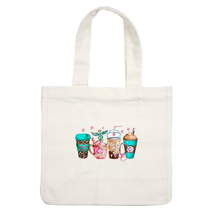 A fun collection of nurse-themed beverage cups, featuring vibrant colors, playful patterns, and medical motifs like band-aids and caduceus.DTF Transfers