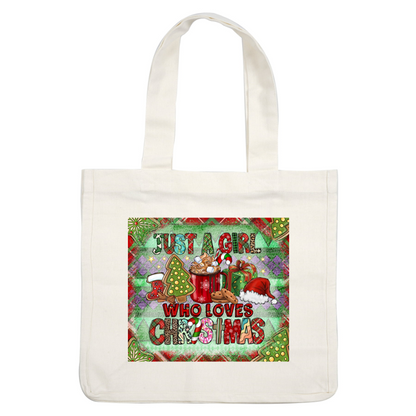 A festive and colorful design featuring the phrase “Just a Girl Who Loves Christmas,” with cheerful holiday elements like cookies, a mug, and gifts.DTF Transfersdtf regular iron heat press transfers