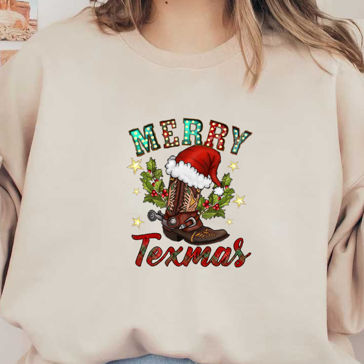 Celebrate the holidays with a festive cowboy boot adorned with a Santa hat, surrounded by holly and glittering stars, perfect for Texas cheer!DTF Transfersdtf regular iron