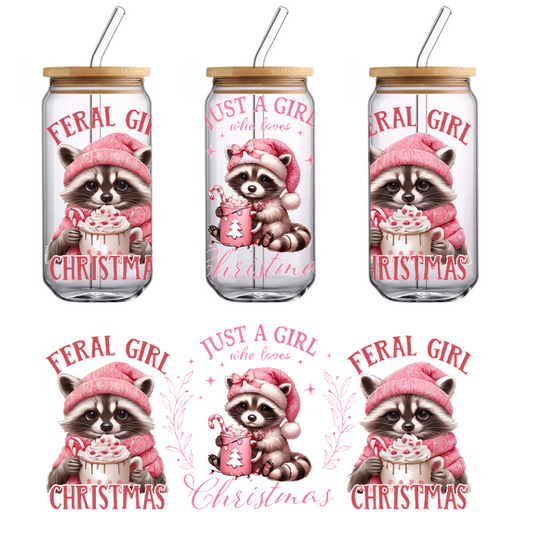 Adorable raccoons in festive pink hats celebrate Christmas with whimsical messages, perfect for holiday cheer and fun!UV Transfersdtf regular iron