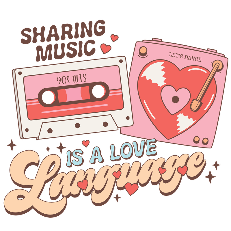 Celebrate your love for music with this playful design, featuring retro cassette tapes and vibrant hearts, highlighting friendship and connection!DTF Transfers