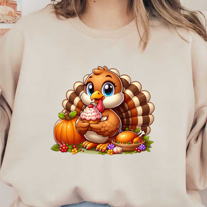 A cheerful cartoon turkey holds a cupcake, surrounded by a pumpkin, fruits, and a festive platter, celebrating Thanksgiving.dtf regular iron