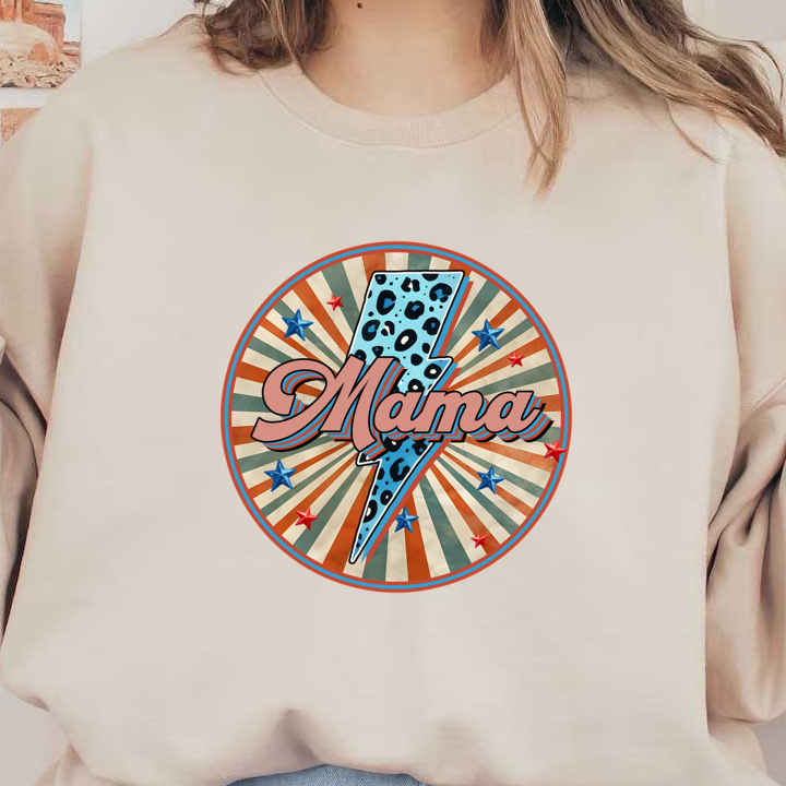 A vibrant circular design featuring the word "Mama" in a playful font, embellished with a lightning bolt and colorful stars. heat press transfersdtf regular iron