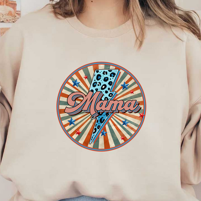 A vibrant circular design featuring the word "Mama" in a playful font, embellished with a lightning bolt and colorful stars. heat press transfersdtf regular iron