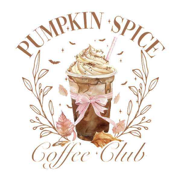 A delightful illustration of a pumpkin spice coffee drink adorned with whipped cream, a straw, and a pink ribbon, surrounded by autumn leaves.dtf regular iron