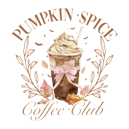 A delightful illustration of a pumpkin spice coffee drink adorned with whipped cream, a straw, and a pink ribbon, surrounded by autumn leaves.dtf regular iron