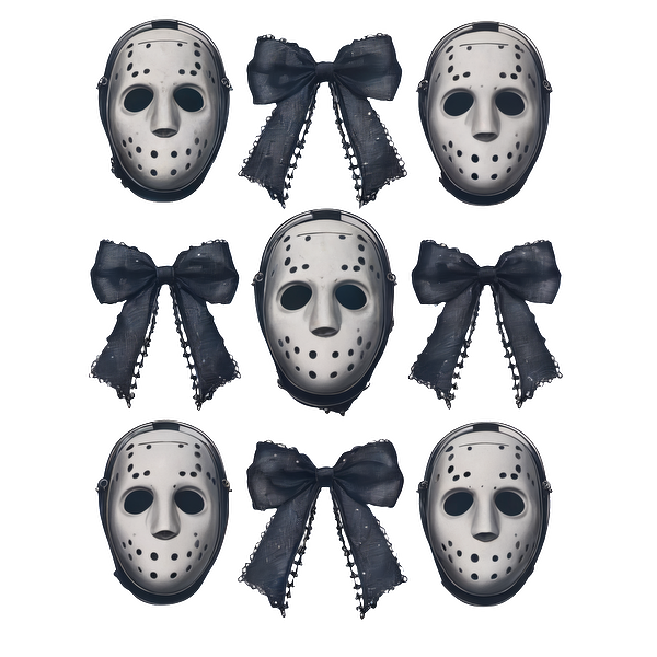 Un divertido arreglo de máscaras de hockey plateadas combinadas con lazos oscuros, perfecto para un tema de disfraz divertido o una decoración de Halloween.