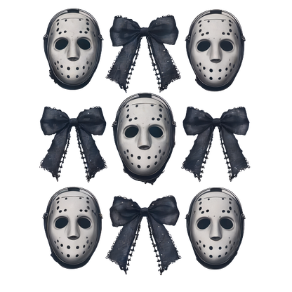 Un divertido arreglo de máscaras de hockey plateadas combinadas con lazos oscuros, perfecto para un tema de disfraz divertido o una decoración de Halloween.