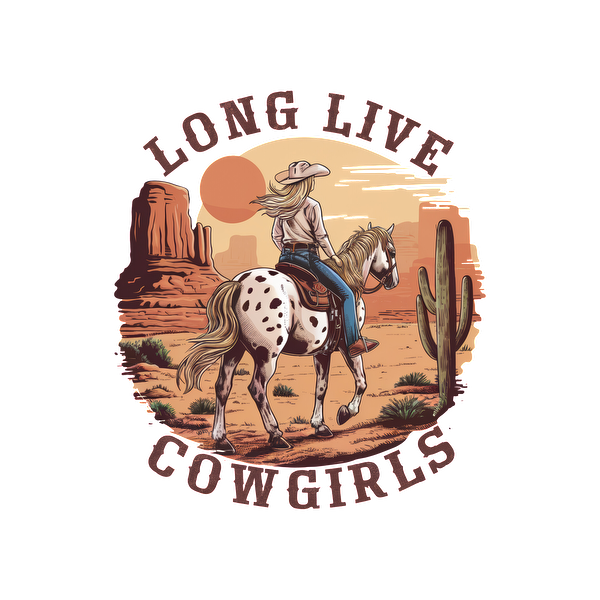 Celebrate the spirit of adventure with this vibrant illustration of a cowgirl riding a spotted horse against a desert backdrop.dtf regular iron