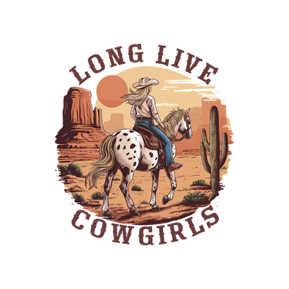 Celebrate the spirit of adventure with this vibrant illustration of a cowgirl riding a spotted horse against a desert backdrop.dtf regular iron