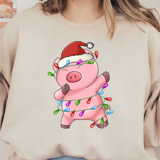 A cheerful pink pig dressed in a Santa hat, playfully wrapped in colorful Christmas lights, radiates festive joy. dtf transfers