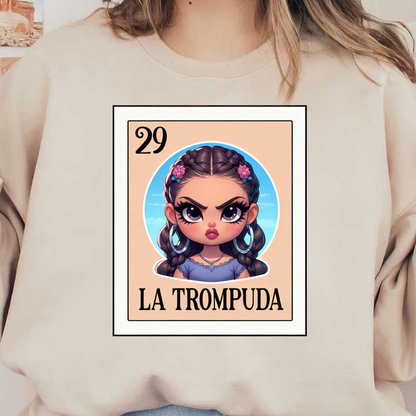 Una divertida ilustración de una niña con trenzas intrincadas y accesorios florales, con la etiqueta "La Trompuda" en la parte superior.