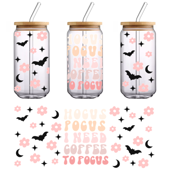 A whimsical design featuring the phrase "Hocus Pocus, I Need Coffee to Focus," surrounded by pink flowers and bats.UV Transfers dtf prints