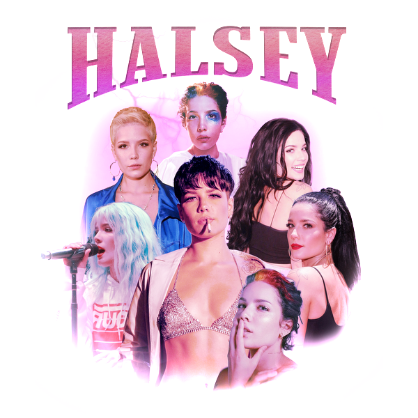 A vibrant collage of Halsey showcasing her diverse looks and performances, highlighted by colorful backgrounds and bold text.DTF Transfers dtf transfers