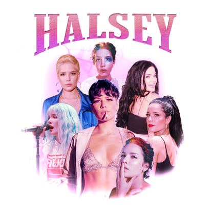 A vibrant collage of Halsey showcasing her diverse looks and performances, highlighted by colorful backgrounds and bold text.DTF Transfers dtf transfers